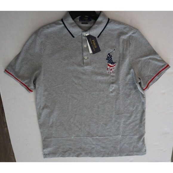 Polo Ralph Lauren Men's Sz L Gray Heather American Flag Pony Polo Shirt - Picture 6 of 7